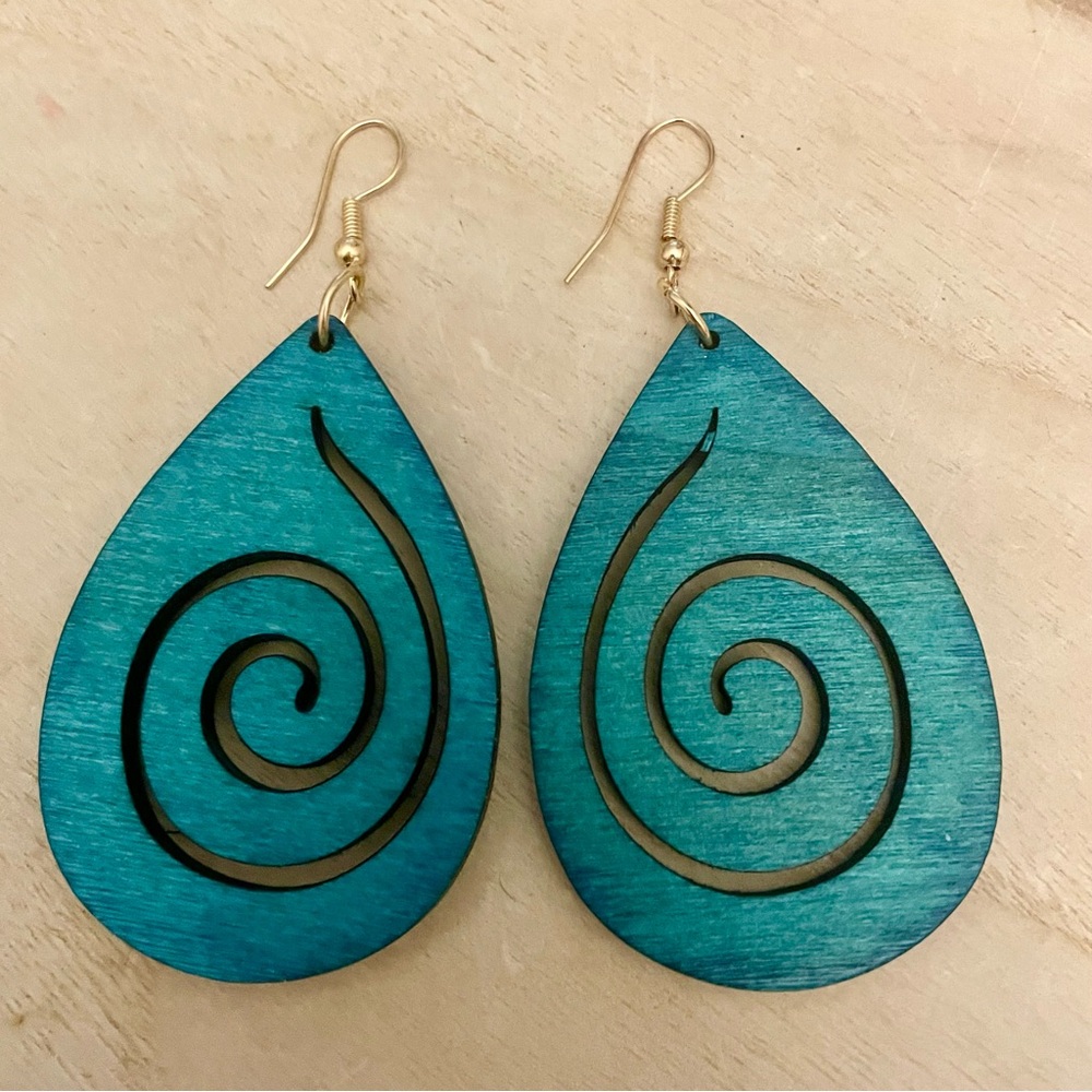 Teal Blue Wood Earrings NWOT